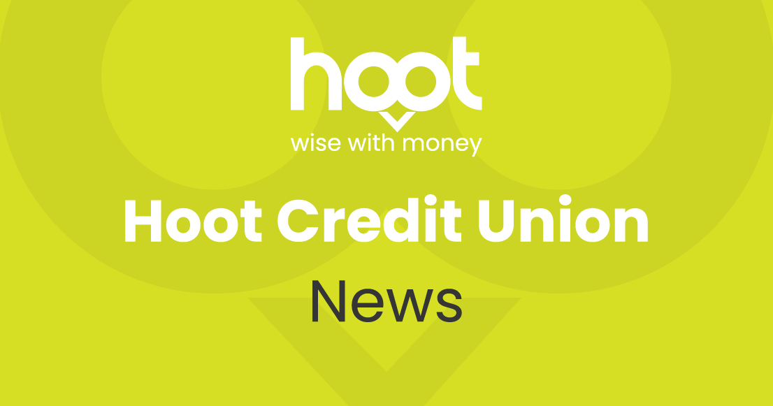 Hoot Credit Union's promotional banner with 'News' text, featuring their logo and slogan in white on a lime green background.