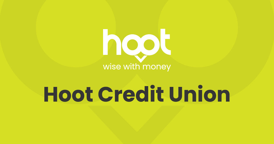 Hoot Credit Union's promotional banner featuring their logo and slogan in white on a lime green background.